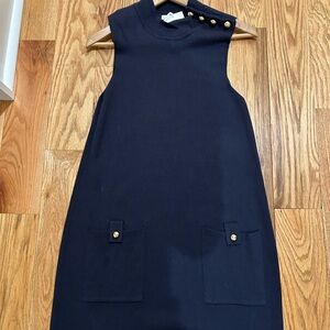 Elegant Navy Sleeveless Midi Dress with Button Details